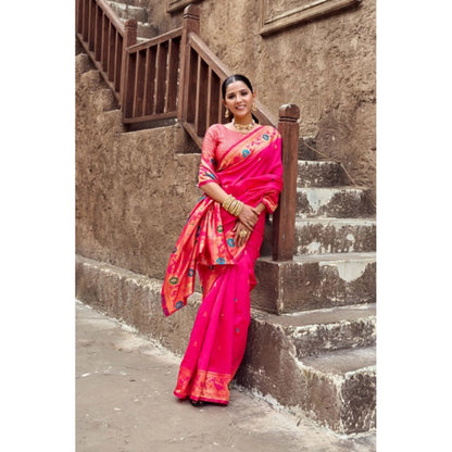 Generic Women's Silk Blend Woven Saree With Unstitched Blouse 5.5 Mtr (Pink)