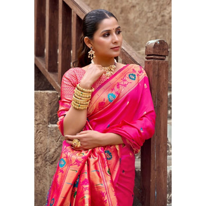 Generic Women's Silk Blend Woven Saree With Unstitched Blouse 5.5 Mtr (Pink)