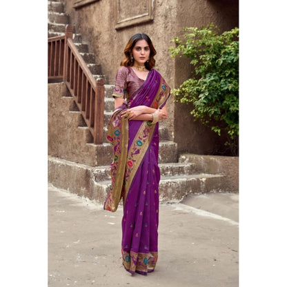 Generic Women's Silk Blend Woven Saree With Unstitched Blouse 5.5 Mtr (Purple)