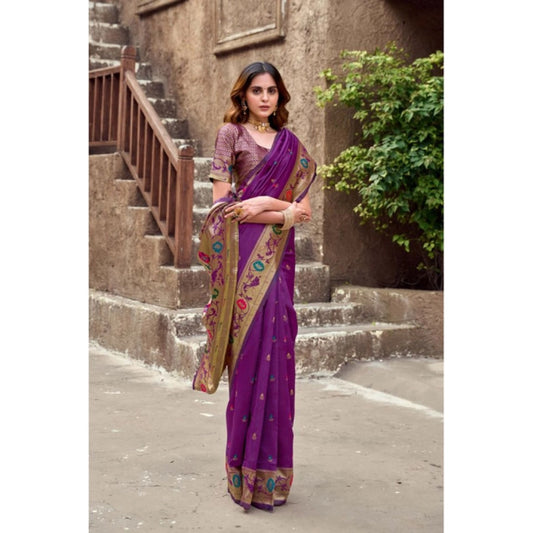Generic Women's Silk Blend Woven Saree With Unstitched Blouse 5.5 Mtr (Purple)