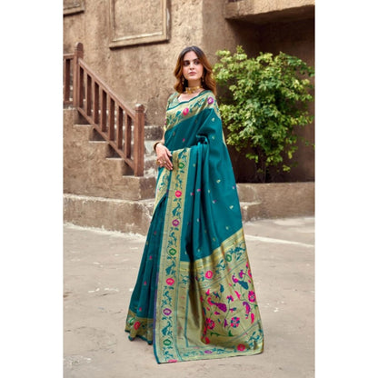 Generic Women's Silk Blend Woven Saree With Unstitched Blouse 5.5 Mtr (Teal)