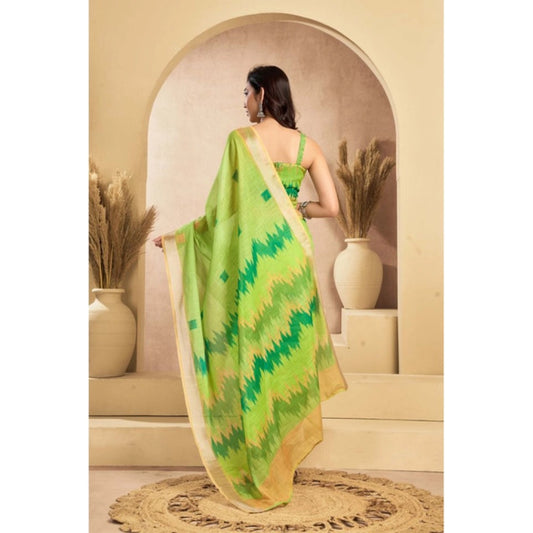 Generic Women's Linen Cotton Printed Ready To Wear Saree With Unstitched Blouse 5.5 Mtr (Lime)