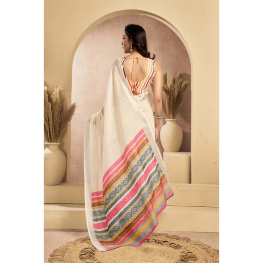 Generic Women's Linen Cotton Printed Ready To Wear Saree With Unstitched Blouse 5.5 Mtr (Beige)