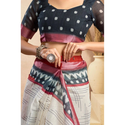 Generic Women's Linen Cotton Printed Ready To Wear Saree With Unstitched Blouse 5.5 Mtr (Off_White)
