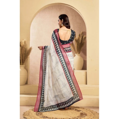 Generic Women's Linen Cotton Printed Ready To Wear Saree With Unstitched Blouse 5.5 Mtr (Off_White)