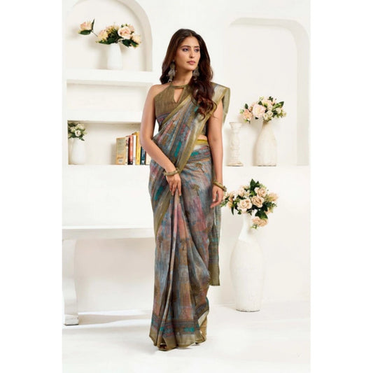 Generic Women's Linen Cotton Printed Ready To Wear Saree With Unstitched Blouse 5.5 Mtr (Multicolor)