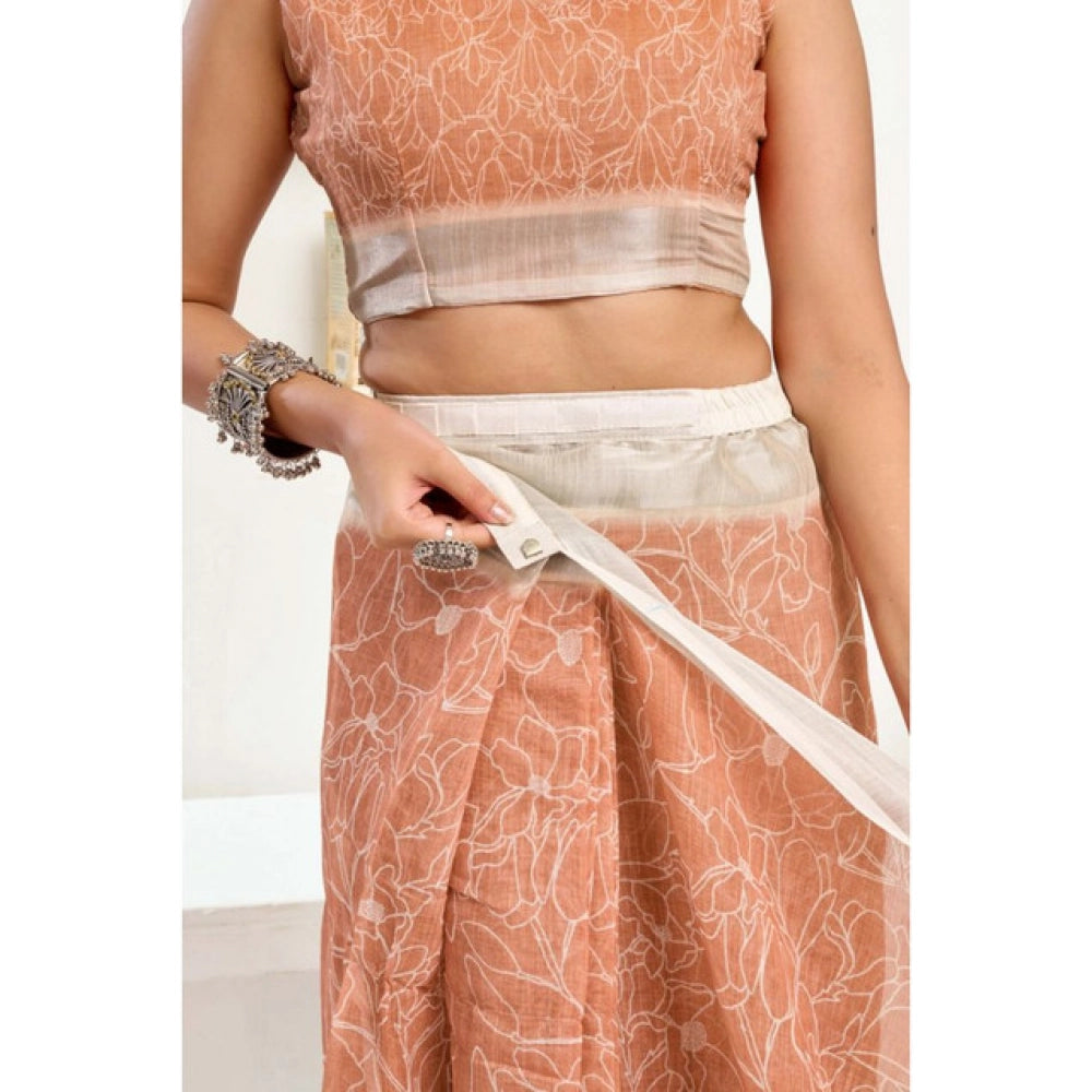 Generic Women's Linen Cotton Printed Ready To Wear Saree With Unstitched Blouse 5.5 Mtr (Peach)