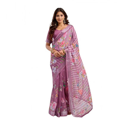 Generic Women's Linen Cotton Printed Ready To Wear Saree With Unstitched Blouse 5.5 Mtr (Light_Mauve)