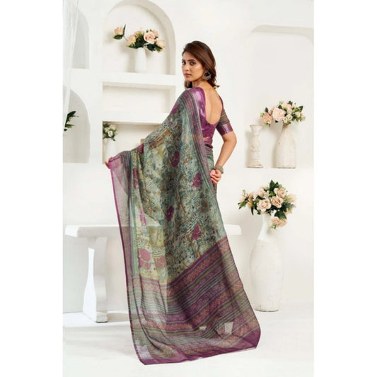 Generic Women's Linen Cotton Printed Ready To Wear Saree With Unstitched Blouse 5.5 Mtr (Multicolor)