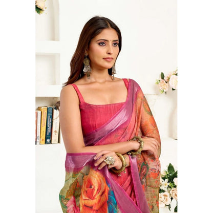 Generic Women's Linen Cotton Printed Ready To Wear Saree With Unstitched Blouse 5.5 Mtr (Pink)