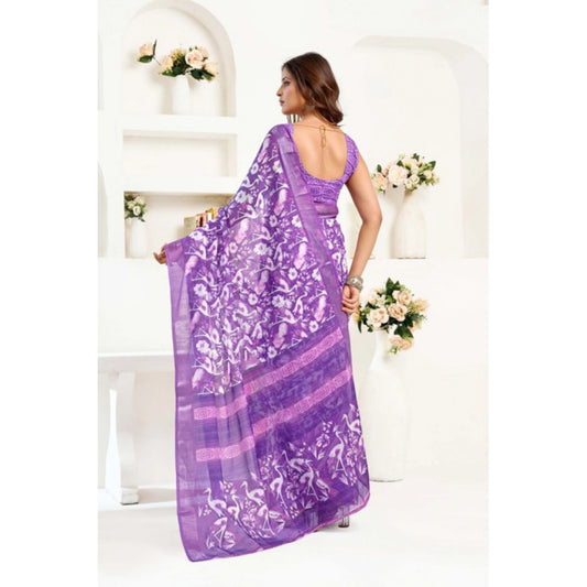 Generic Women's Linen Cotton Printed Ready To Wear Saree With Unstitched Blouse 5.5 Mtr (Purple)