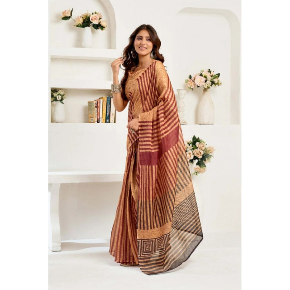 Generic Women's Linen Cotton Printed Ready To Wear Saree With Unstitched Blouse 5.5 Mtr (Brown)