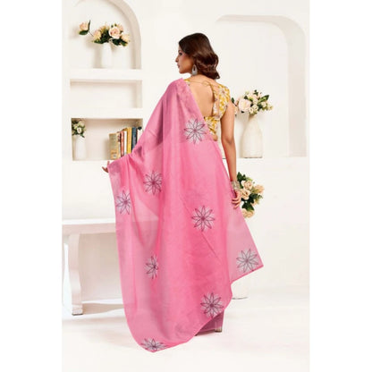 Generic Women's Linen Cotton Printed Ready To Wear Saree With Unstitched Blouse 5.5 Mtr (Pink)