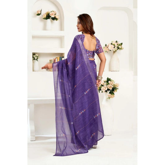 Generic Women's Linen Cotton Printed Ready To Wear Saree With Unstitched Blouse 5.5 Mtr (Purple)
