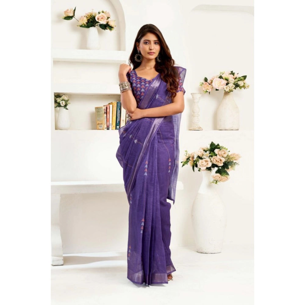 Generic Women's Linen Cotton Printed Ready To Wear Saree With Unstitched Blouse 5.5 Mtr (Purple)