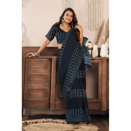 Generic Women's Linen Cotton Printed Ready To Wear Saree With Unstitched Blouse 5.5 Mtr (Black)