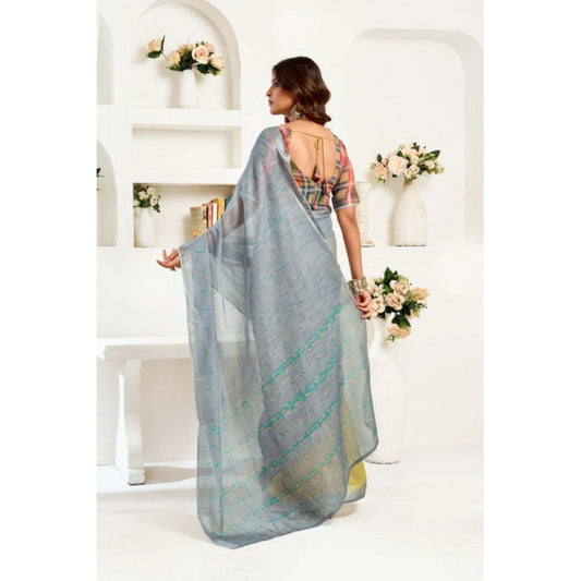 Generic Women's Linen Cotton Printed Ready To Wear Saree With Unstitched Blouse 5.5 Mtr (Grey)