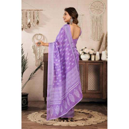 Generic Women's Linen Cotton Printed Ready To Wear Saree With Unstitched Blouse 5.5 Mtr (Lavender)