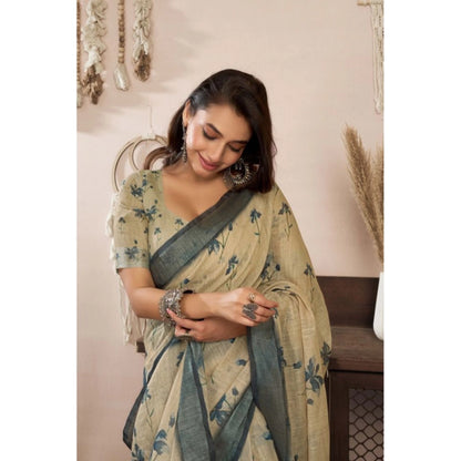 Generic Women's Linen Cotton Printed Ready To Wear Saree With Unstitched Blouse 5.5 Mtr (Light_Beige)