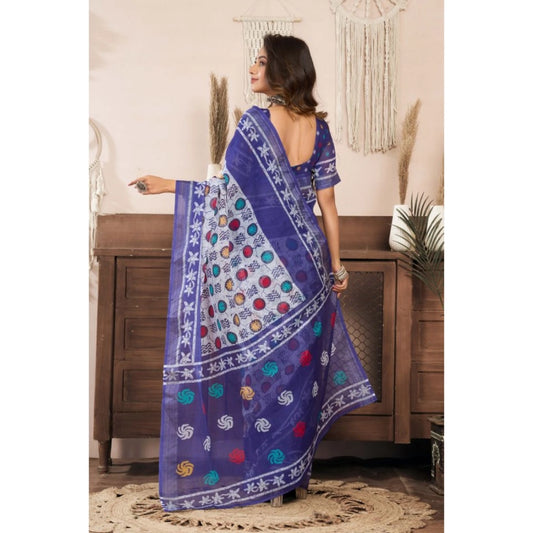 Generic Women's Linen Cotton Printed Ready To Wear Saree With Unstitched Blouse 5.5 Mtr (Blue)