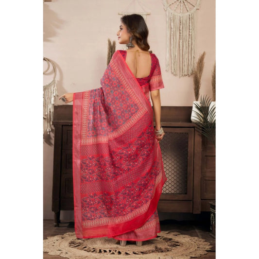 Generic Women's Linen Cotton Printed Ready To Wear Saree With Unstitched Blouse 5.5 Mtr (Red)