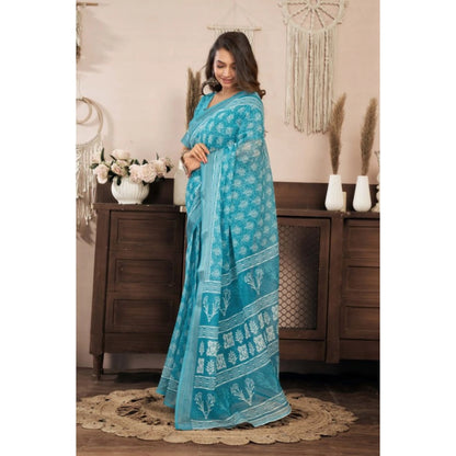 Generic Women's Linen Cotton Printed Ready To Wear Saree With Unstitched Blouse 5.5 Mtr (Aqua_Blue)