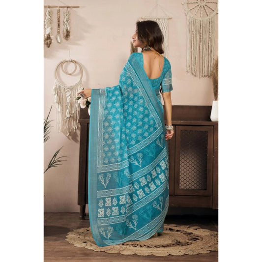 Generic Women's Linen Cotton Printed Ready To Wear Saree With Unstitched Blouse 5.5 Mtr (Aqua_Blue)