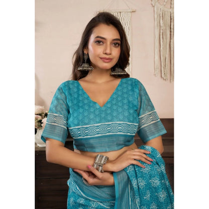 Generic Women's Linen Cotton Printed Ready To Wear Saree With Unstitched Blouse 5.5 Mtr (Aqua_Blue)