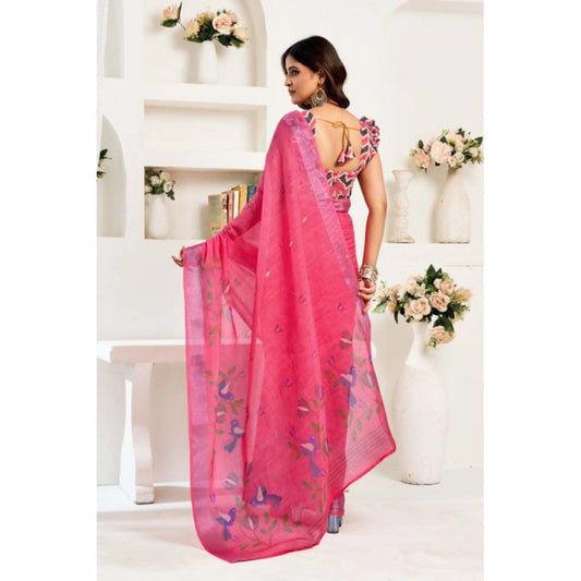 Generic Women's Linen Cotton Printed Ready To Wear Saree With Unstitched Blouse 5.5 Mtr (Pink)