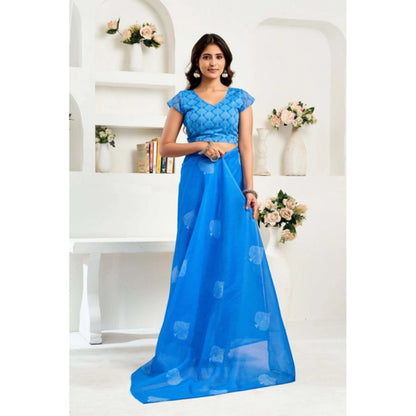 Generic Women's Linen Cotton Printed Ready To Wear Saree With Unstitched Blouse 5.5 Mtr (Royal_Blue)