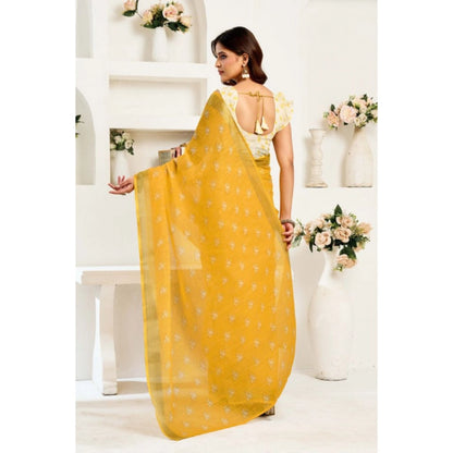 Generic Women's Linen Cotton Printed Ready To Wear Saree With Unstitched Blouse 5.5 Mtr (Yellow)