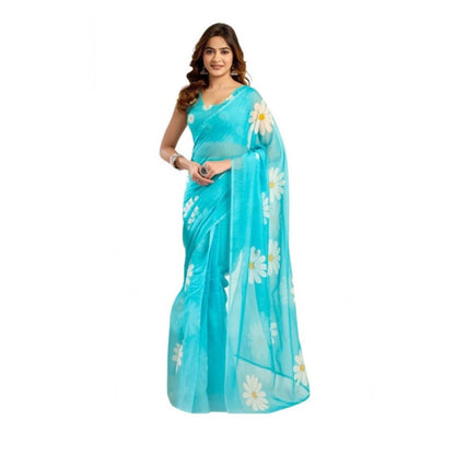 Generic Women's Linen Cotton Printed Ready To Wear Saree With Unstitched Blouse 5.5 Mtr (Aqua_Blue)
