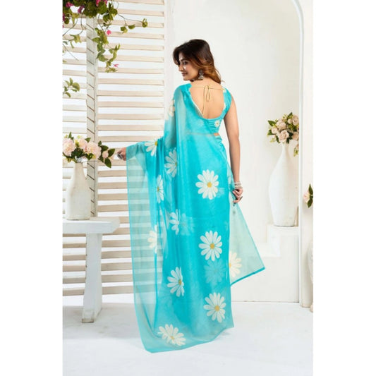 Generic Women's Linen Cotton Printed Ready To Wear Saree With Unstitched Blouse 5.5 Mtr (Aqua_Blue)