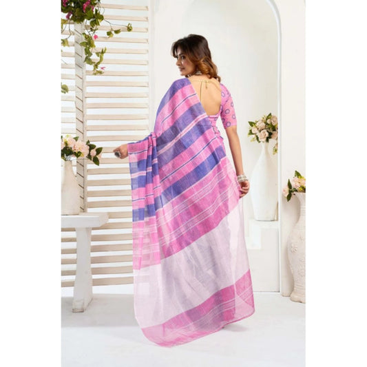 Generic Women's Linen Cotton Printed Ready To Wear Saree With Unstitched Blouse 5.5 Mtr (Pink)