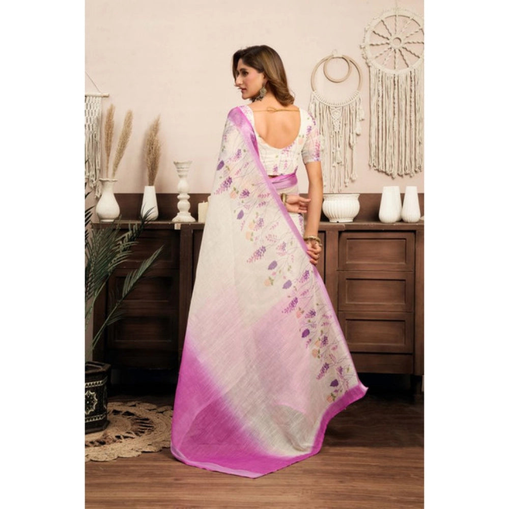 Generic Women's Linen Cotton Printed Ready To Wear Saree With Unstitched Blouse 5.5 Mtr (Off_White)