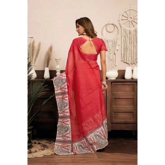 Generic Women's Linen Cotton Printed Ready To Wear Saree With Unstitched Blouse 5.5 Mtr (Red)