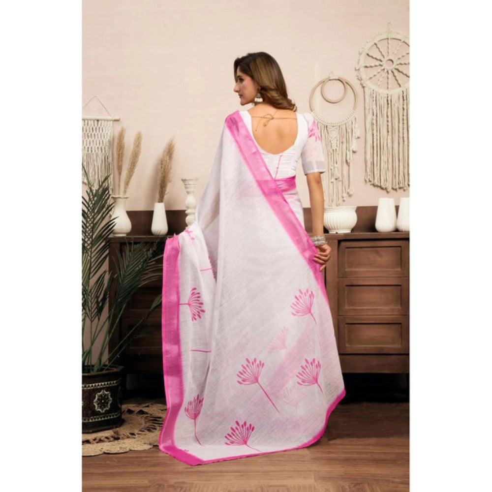 Generic Women's Linen Cotton Printed Ready To Wear Saree With Unstitched Blouse 5.5 Mtr (Light_White)