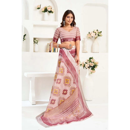 Generic Women's Linen Cotton Printed Ready To Wear Saree With Unstitched Blouse 5.5 Mtr (Maroon)