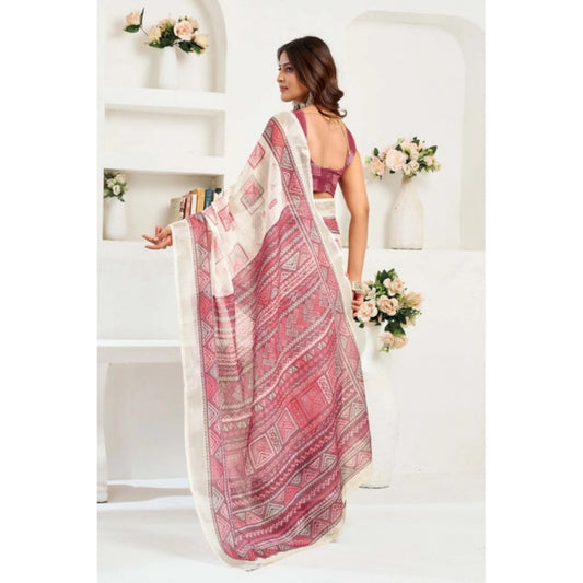 Generic Women's Linen Cotton Printed Ready To Wear Saree With Unstitched Blouse 5.5 Mtr (Off_White)