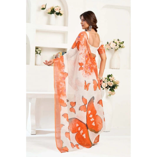Generic Women's Linen Cotton Printed Ready To Wear Saree With Unstitched Blouse 5.5 Mtr (Orange)