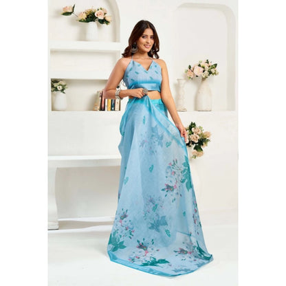 Generic Women's Linen Cotton Printed Ready To Wear Saree With Unstitched Blouse 5.5 Mtr (Sky_Blue)