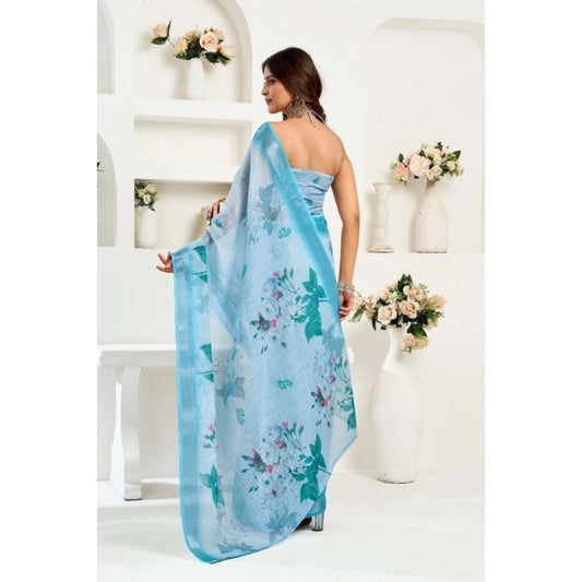 Generic Women's Linen Cotton Printed Ready To Wear Saree With Unstitched Blouse 5.5 Mtr (Sky_Blue)