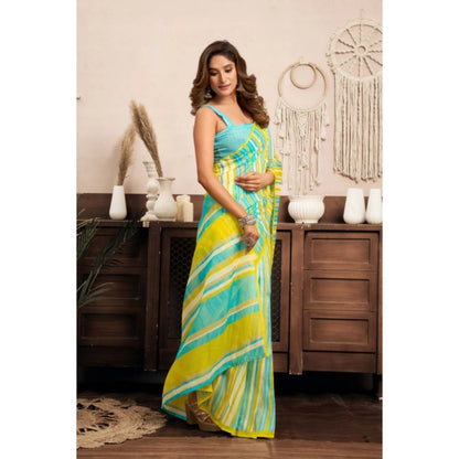 Generic Women's Linen Cotton Printed Ready To Wear With Pocket Saree With Unstitched Blouse 5.5 Mtr (Light_Aqua_Blue)