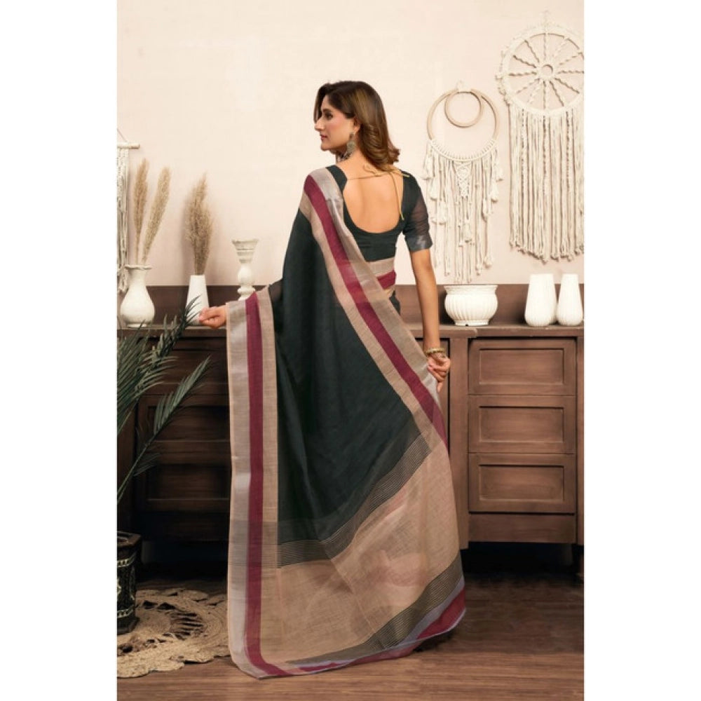 Generic Women's Linen Cotton Plain Ready To Wear With Pocket Saree With Unstitched Blouse 5.5 Mtr (Black)