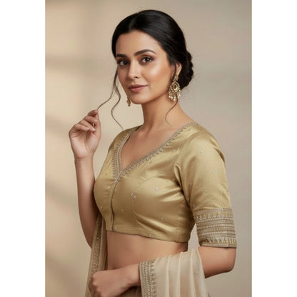 Generic Women's Vichitra Silk V Neck Padded Blouse (Beige, 38 Ready Size (Self-Alterable 36–40)