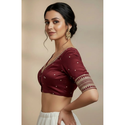 Generic Women's Vichitra Silk V Neck Padded Blouse (Maroon, 38 Ready Size (Self-Alterable 36–40)