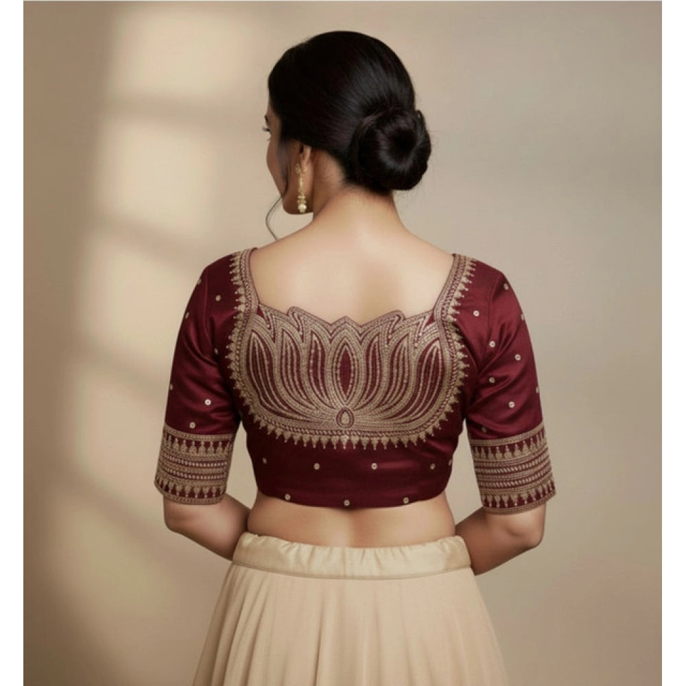 Generic Women's Vichitra Silk V Neck Padded Blouse (Maroon, 38 Ready Size (Self-Alterable 36–40)