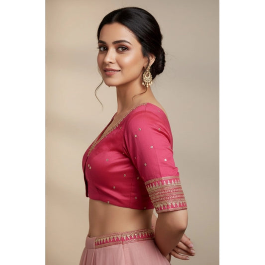 Generic Women's Vichitra Silk V Neck Padded Blouse (Pink, 38 Ready Size (Self-Alterable 36–40)