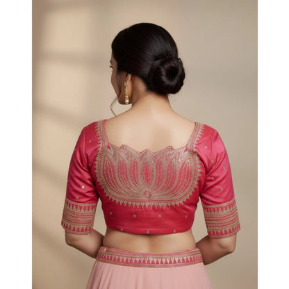 Generic Women's Vichitra Silk V Neck Padded Blouse (Pink, 38 Ready Size (Self-Alterable 36–40)