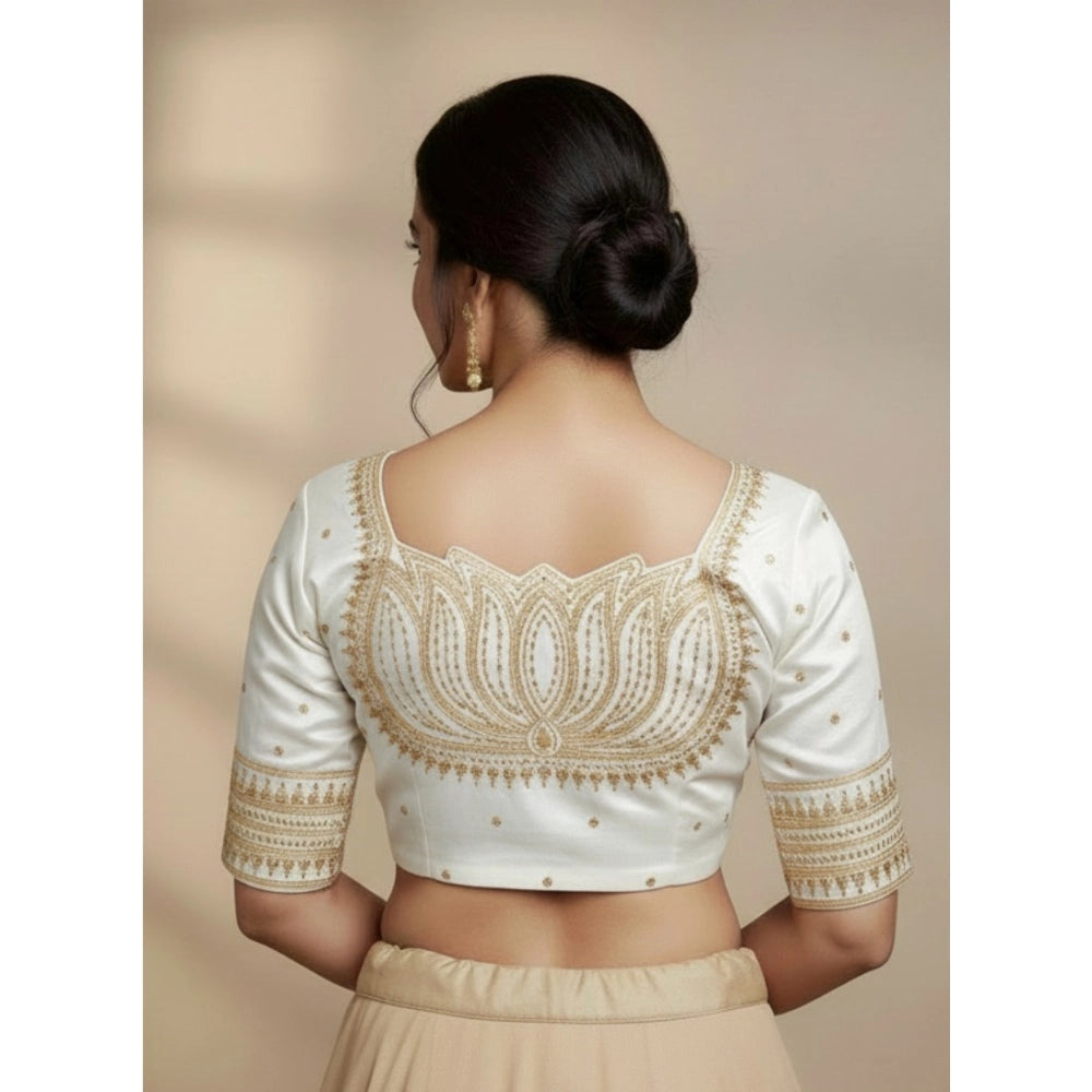 Generic Women's Vichitra Silk V Neck Padded Blouse (White, 38 Ready Size (Self-Alterable 36–40)